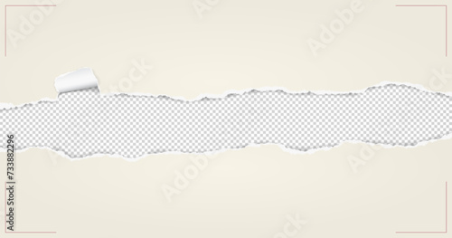 Torn, ripped light beige paper strips with soft shadow are on white squared background for text. Vector illustration.