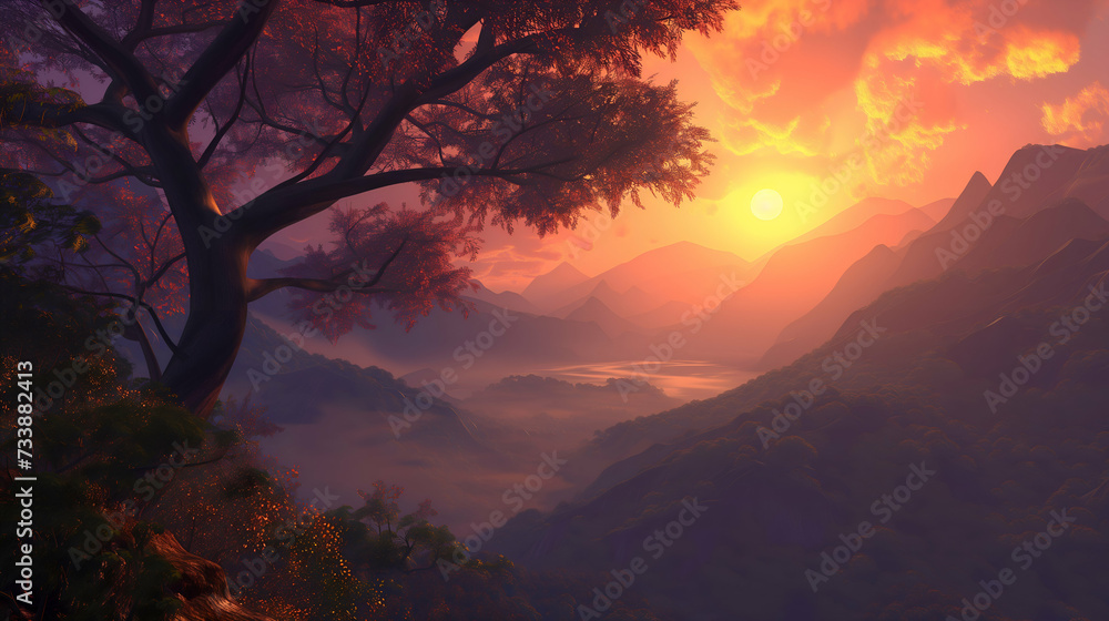 Sunset in the mountains, a majestic orange sunset in a mountainous landscape, with a large tree in the foreground overlooking a misty valley Sunset in the mountains, a majestic orange sunset in a mountainous landscape, with a large tree in the foreground overlooking a misty valley