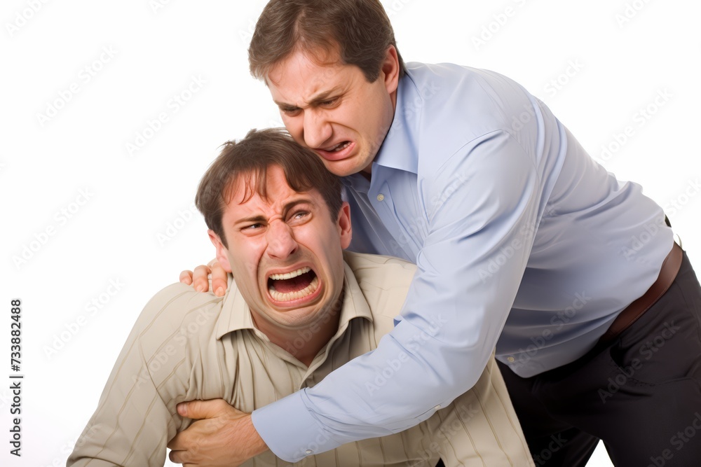 A sad looking young businessman with stressed and depressed look with businessmen comforting him A sad looking young businessman with stressed and depressed look with businessmen comforting him