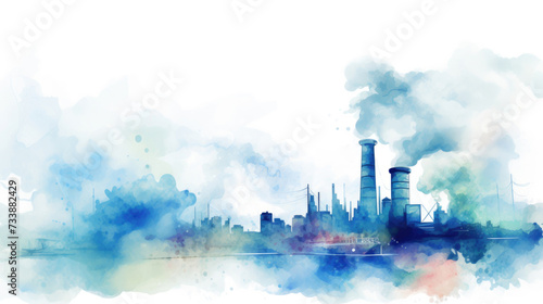 Air pollution, smoke from factory chimneys, environmental pollution concept watercolor painting. Generative ai