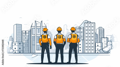 Vector graphic of a construction site with a focus on safety protocols and workers wearing protective gear  emphasizing the importance of workplace safety in real estate development. simple minimalist