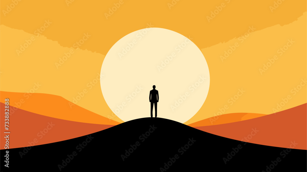 Abstract depiction of a confident leader's silhouette against a rising sun  symbolizing vision  guidance  and the dawn of new possibilities. simple minimalist illustration creative