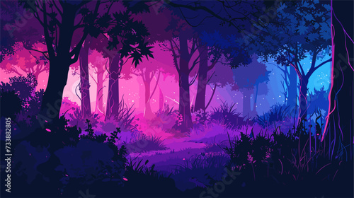 Digital vector illustration of a futuristic  neon-lit forest  blending technology and nature for a harmonious vision of the future. simple minimalist illustration creative