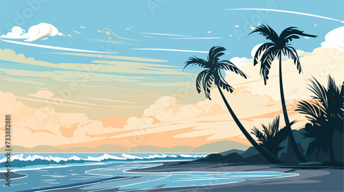 Vector art depicting a coastal scene with palm trees and crashing waves under the influence of a hurricane  highlighting the environmental impact of storms. simple minimalist illustration creative
