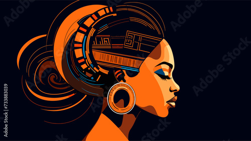 Abstract background with African-inspired motifs surrounding an African woman reflecting the vibrant and diverse cultural expressions across the continent. simple minimalist illustration creative
