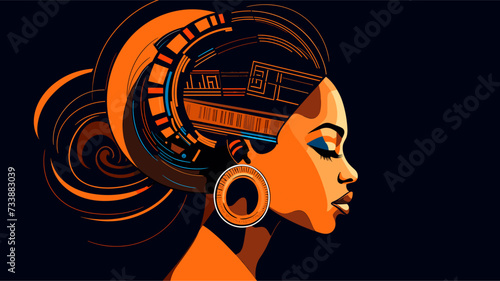 Abstract background with African-inspired motifs surrounding an African woman  reflecting the vibrant and diverse cultural expressions across the continent. simple minimalist illustration creative