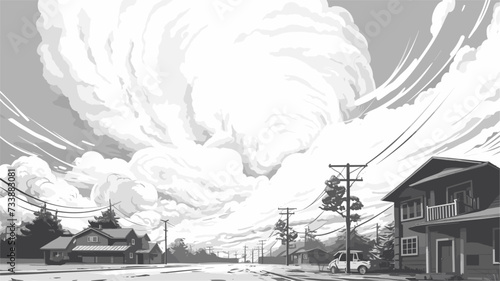 Vector art depicting a suburban neighborhood transforming into chaos under the influence of a tornado symbolizing the sudden and impactful nature of tornadoes. simple minimalist illustration creative