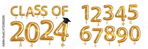 Vector realistic isolated golden balloon text of Class of 2024 with graduation cap and set of numbers on the white background.