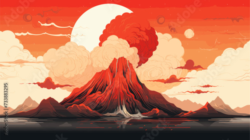 Abstract background with volcanic-related symbols and fiery elements  conveying the complex and impactful dynamics of volcanic eruptions on both natural and human environments. simple minimalist