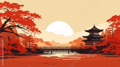 Traditional wooden Kyoto temples against a backdrop of vibrant autumn foliage  depicting the timeless elegance of Japanese architecture. simple minimalist illustration creative photo
