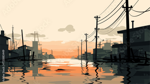 Minimalist scene with silhouettes of flood-resistant structures and floating objects  emphasizing the importance of resilient infrastructure in flood-prone regions. simple minimalist illustration