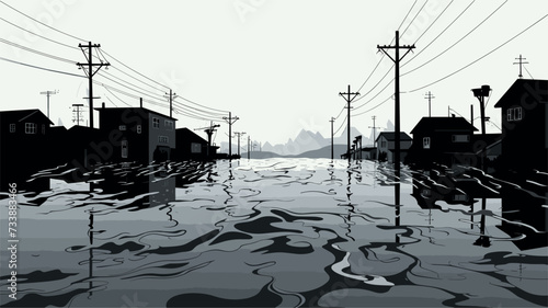 Minimalist scene with silhouettes of flood-resistant structures and floating objects  emphasizing the importance of resilient infrastructure in flood-prone regions. simple minimalist illustration