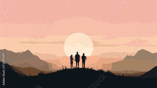 Minimalist scene with silhouettes of happy friends against a backdrop of nature  expressing the simplicity and warmth of their shared outdoor experience. simple minimalist illustration creative © J.V.G. Ransika