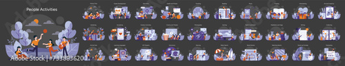 People Activities set. A diverse collection captures individuals and families immersed in hobbies and tasks from gardening to podcasting, enhancing everyday life. Vector illustration