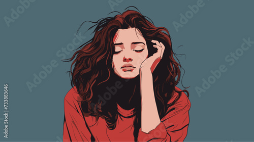 Moody graphic of a woman with a thoughtful expression and hands on head  capturing a moment of deep reflection (頭を抱える女性). simple minimalist illustration creative
