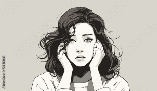 Moody graphic of a woman with a thoughtful expression and hands on head  capturing a moment of deep reflection (頭を抱える女性). simple minimalist illustration creative