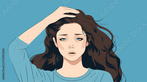 Moody graphic of a woman with a thoughtful expression and hands on head  capturing a moment of deep reflection (頭を抱える女性). simple minimalist illustration creative