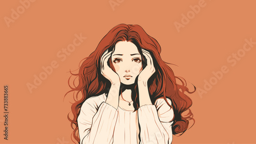 Moody graphic of a woman with a thoughtful expression and hands on head  capturing a moment of deep reflection (頭を抱える女性). simple minimalist illustration creative