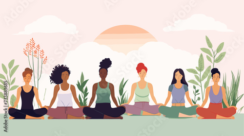 Illustration of a yoga class with women of different ethnicities in a serene environment  showcasing the shared pursuit of balance and well-being. simple minimalist illustration creative