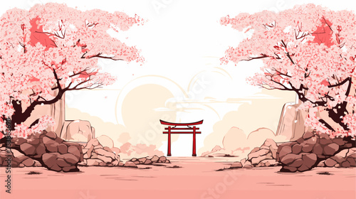 Tranquil cherry blossom garden with traditional torii gates  embodying the beauty and serenity of Japanese springtime. simple minimalist illustration creative