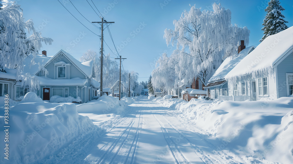 Pristine Winter Scene of Snow-Covered Houses and Trees in a Peaceful Small Town, Illuminated by a Clear Blue Sky