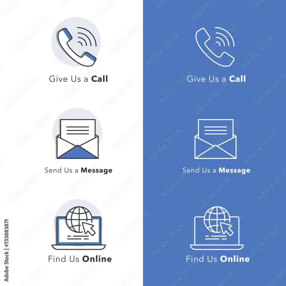 Connect with Us. Icons for Calling, Messaging, and Online Presence.