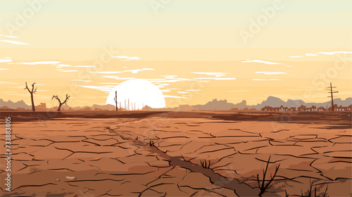 Minimalist scene with silhouettes of structures against a desolate landscape affected by drought  symbolizing the long-lasting threat and hardships posed by water scarcity. simple minimalist