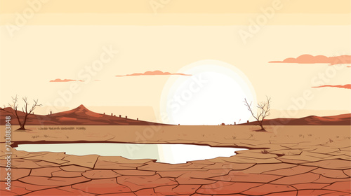 Minimalist scene with silhouettes of structures against a desolate landscape affected by drought  symbolizing the long-lasting threat and hardships posed by water scarcity. simple minimalist