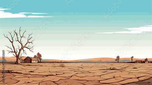 Minimalist scene with silhouettes of structures against a desolate landscape affected by drought  symbolizing the long-lasting threat and hardships posed by water scarcity. simple minimalist