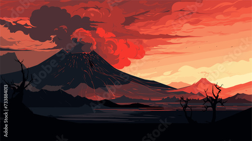 Vector art depicting a volcanic landscape with flowing lava  burning vegetation  and smoky skies  emphasizing the environmental impact and destructive power of volcanic events. simple minimalist photo