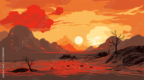 Vector art depicting a volcanic landscape with flowing lava  burning vegetation  and smoky skies  emphasizing the environmental impact and destructive power of volcanic events. simple minimalist photo