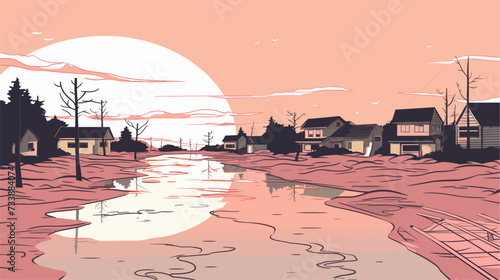 Vector art depicting a suburban neighborhood transformed into a waterlogged area  symbolizing the sudden and impactful nature of flooding events. simple minimalist illustration creative