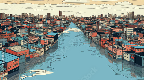 Illustration of a flooded cityscape from a bird's-eye view  showcasing the extensive water coverage and challenges faced by communities during floods. simple minimalist illustration creative
