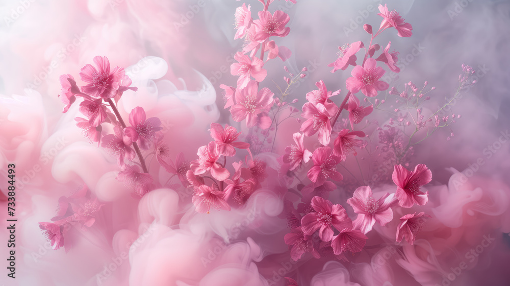 Sakura cherry blossoms emerge from a mystical fog, creating a surreal and delicate pink floral dreamscape.