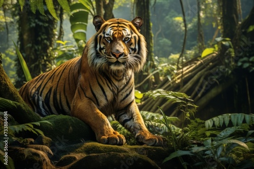 Majestic tiger roaming in the exotic wilderness of safari jungle. Captivating wildlife encounter