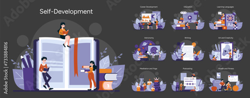 Self-Development set. Lifelong learning and personal growth scenes. Career advancement, language mastery, creative expression. Diverse study and wellness activities. Vector illustration
