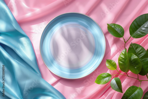 An elegant glass plate rests on a pink satin cloth beside fresh green leaves, under soft lighting.