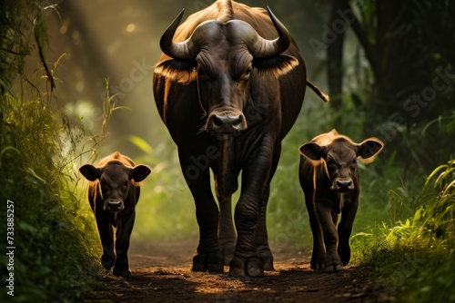 Majestic african buffalo family in their natural habitat during an unforgettable safari experience