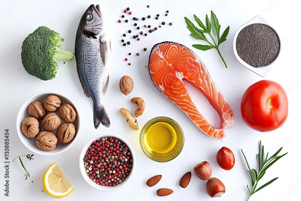 Food sources of omega 3 and omega 6 on white background top view. Foods ...