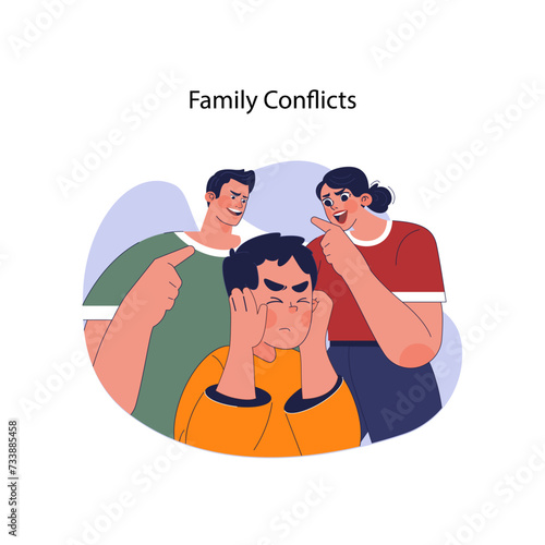 Family conflicts concept. Distraught boy covers ears while parents scream and threaten, depicting household tension and child distress. Dysfunctional family dynamics. Flat vector illustration