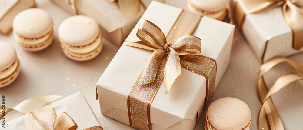Luxury holidays background with gift boxes, beige macarons, sweets delicious, desserts, golden decoration. Pastry food mockup. flat lay. Generative ai Luxury holidays background with gift boxes, beige macarons, sweets delicious, desserts, golden decoration. Pastry food mockup. flat lay. Generative ai