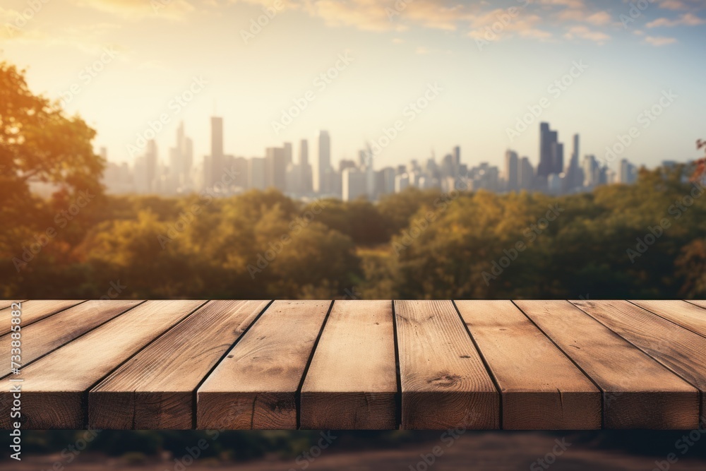 Wooden table top on blurred city background - can be used for display or montage your products Wooden table top on blurred city background - can be used for display or montage your products