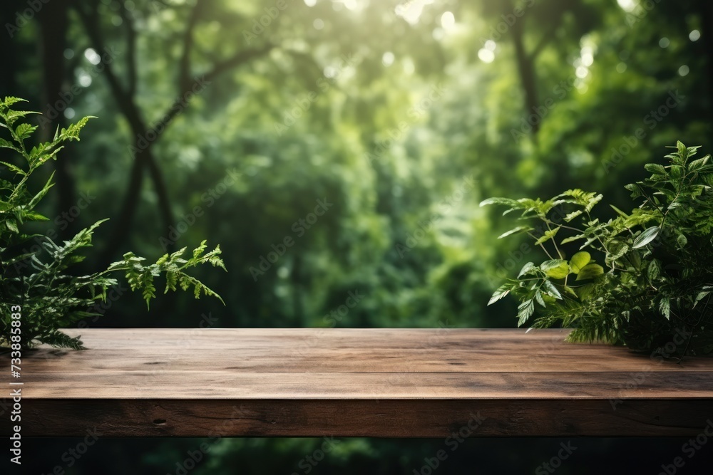 Empty wooden table with nature background. Ready for product display montage