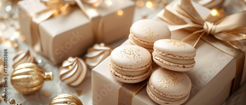 Luxury holidays background with gift boxes  beige macarons  sweets delicious  desserts  golden decoration. Pastry food mockup. flat lay. Generative ai
