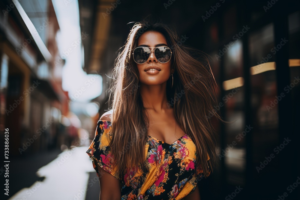 Beautiful young brunette woman in sunglasses on the city street. Beautiful young brunette woman in sunglasses on the city street.
