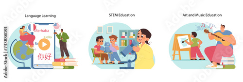 Diverse learning concept set. People of various ages explore language acquisition, STEM exploration, and art and music appreciation. Breadth of educational disciplines. Flat vector illustration