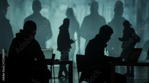 Shadowy silhouettes of cybercriminals at work, representing hackers and troll farms, with a dark, ominous backdrop suggesting online threats and cyber warfare.