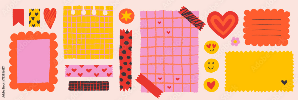 Obraz premium Paper valentine memo notes on stickers. Vector vintage sticky notes and pages with torn edges