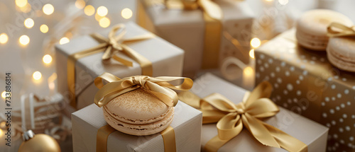 Luxury holidays background with gift boxes  beige macarons  sweets delicious  desserts  golden decoration. Pastry food mockup. flat lay. Generative ai