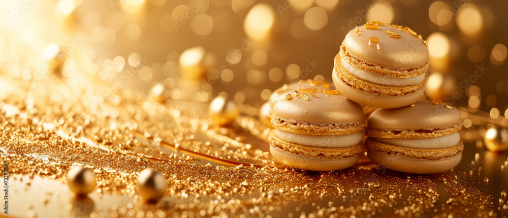Luxury holidays background with set of golden macaroons, sweets decoration. Pastry food mockup. flat lay. Generative ai Luxury holidays background with set of golden macaroons, sweets decoration. Pastry food mockup. flat lay. Generative ai